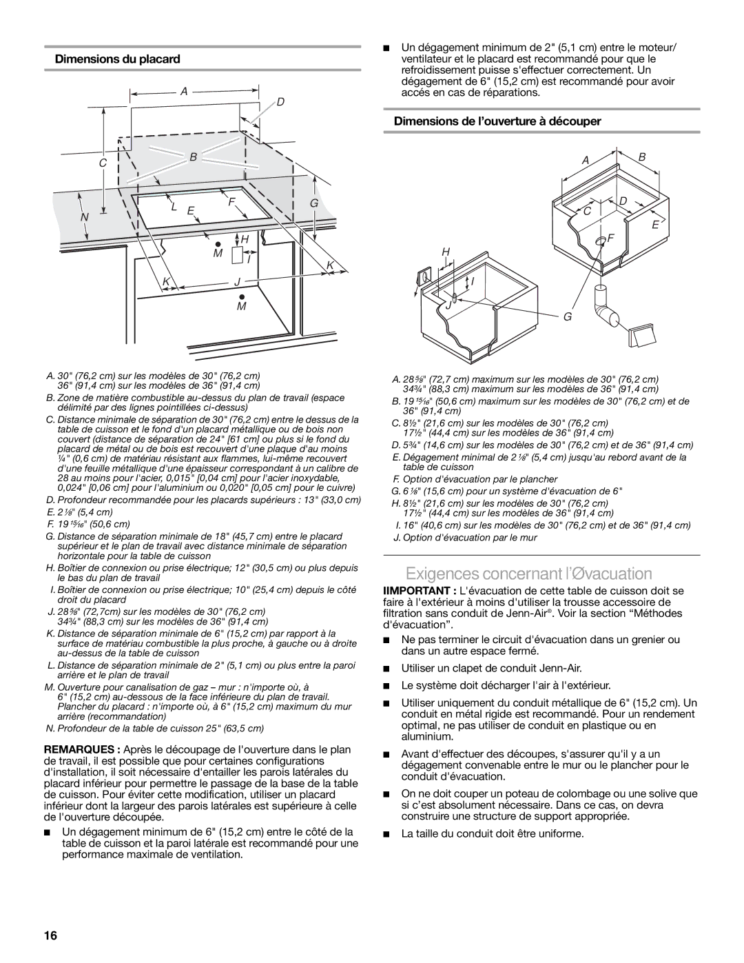 Jenn-Air W10197058B Exigences concernant lévacuation, Dimensions du placard, Dimensions de l’ouverture à découper 