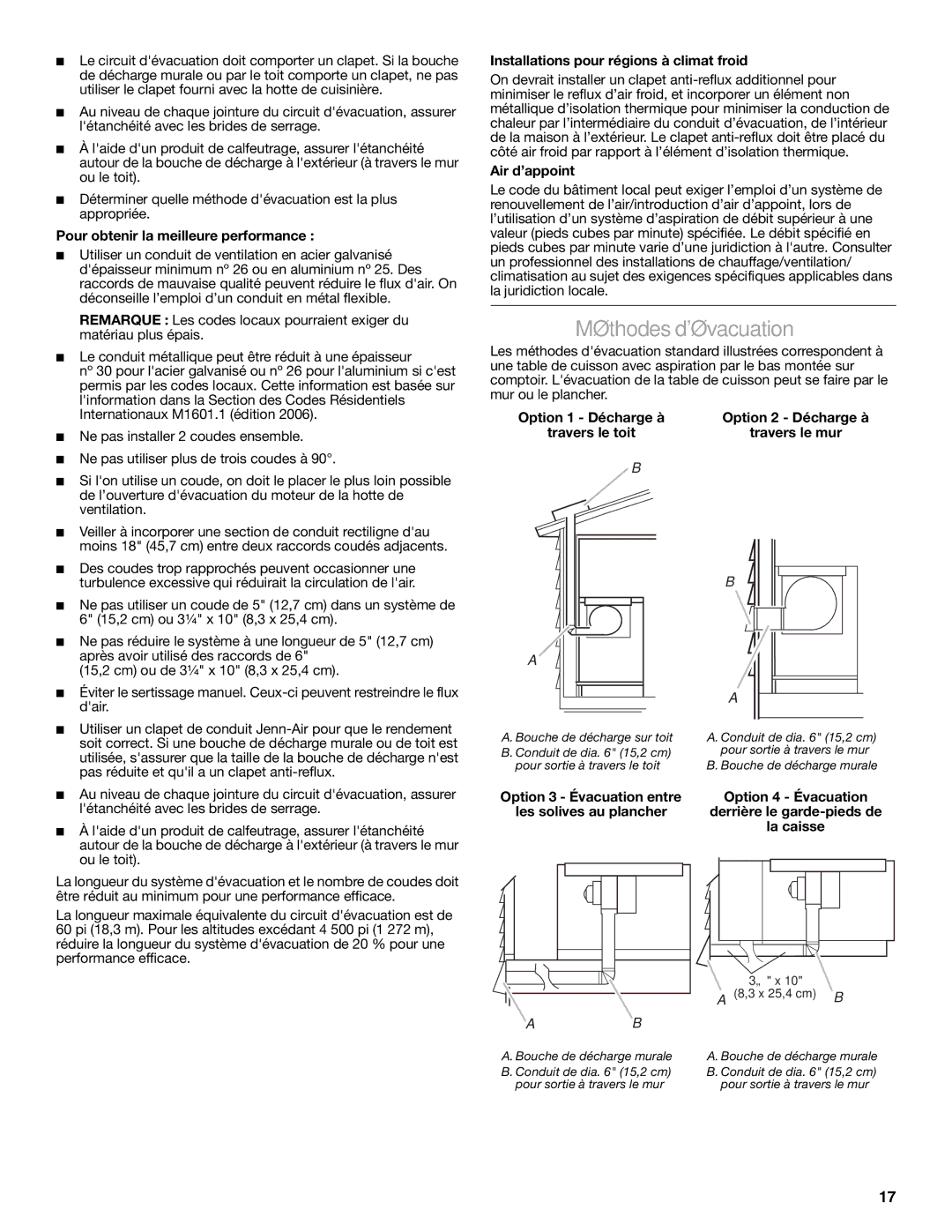 Jenn-Air W10197058B Méthodes dévacuation, Pour obtenir la meilleure performance, Installations pour régions à climat froid 