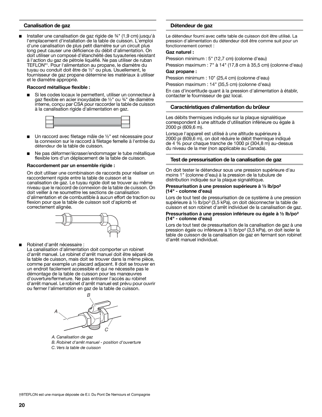 Jenn-Air W10197058B Canalisation de gaz, Détendeur de gaz, Caractéristiques dalimentation du brûleur 