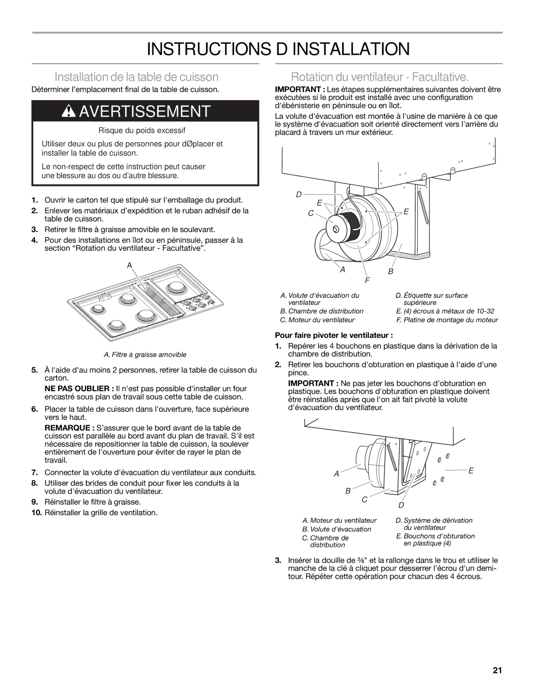 Jenn-Air W10197058B Instructions D’INSTALLATION, Installation de la table de cuisson, Rotation du ventilateur Facultative 