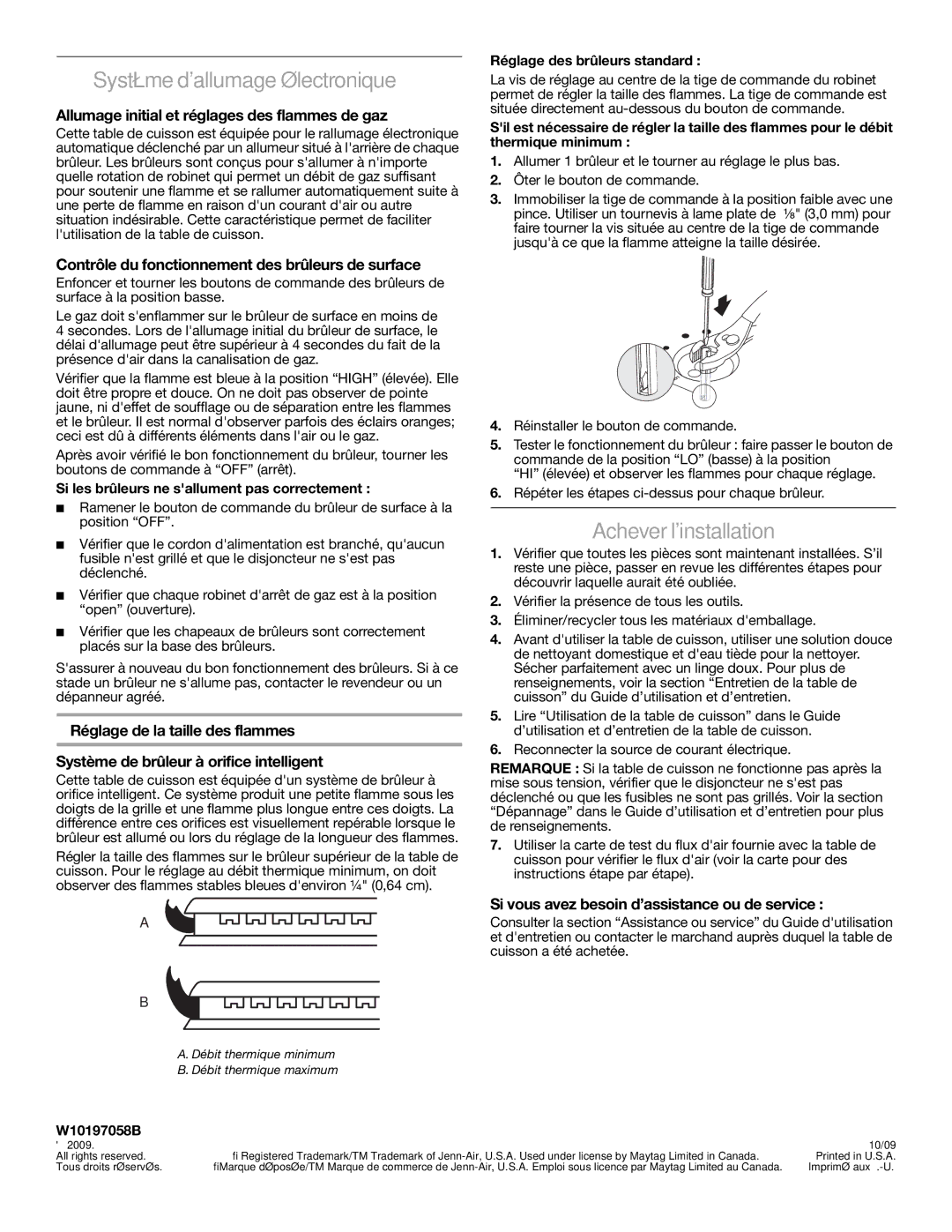 Jenn-Air W10197058B Système dallumage électronique, Achever linstallation, Allumage initial et réglages des flammes de gaz 