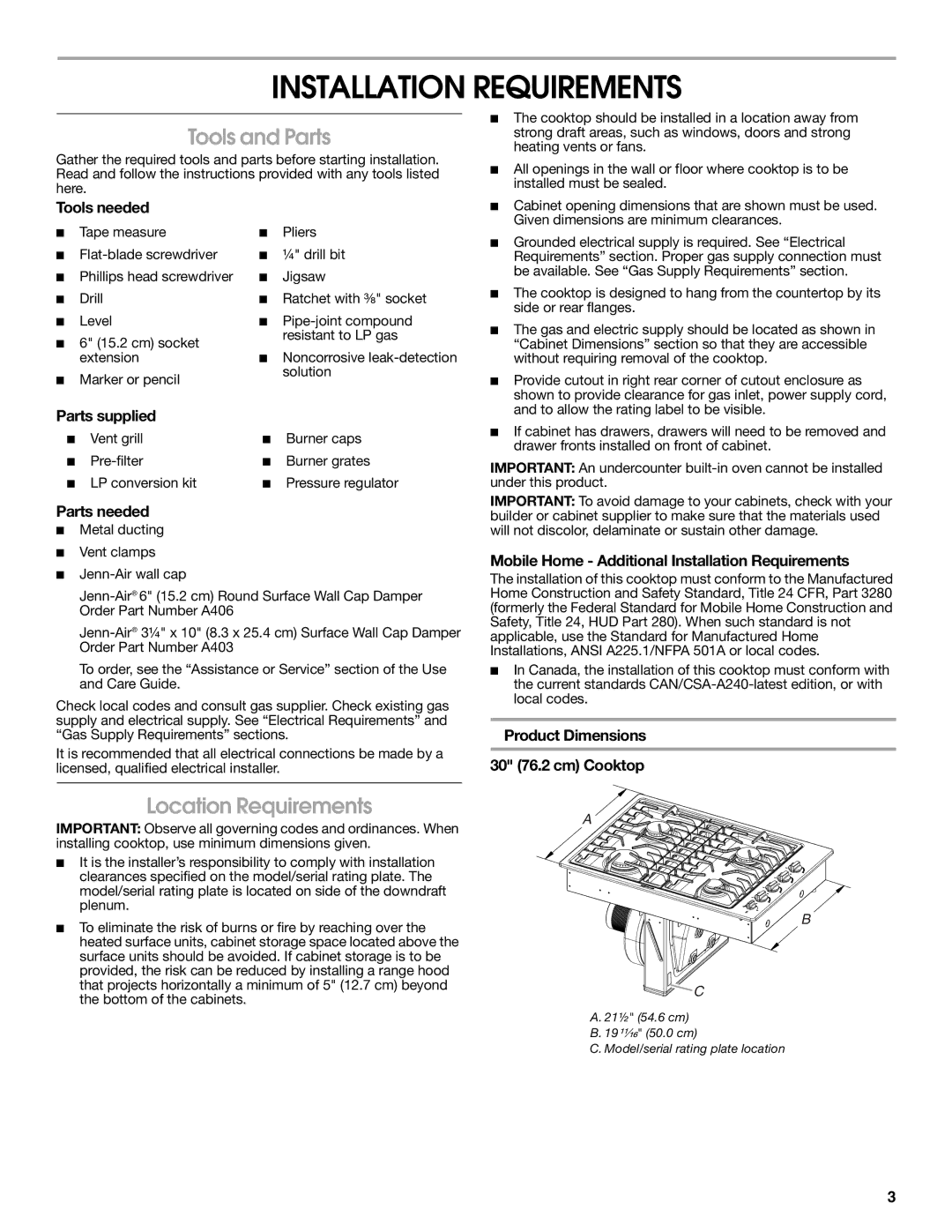 Jenn-Air W10197058B installation instructions Installation Requirements, Tools and Parts, Location Requirements 