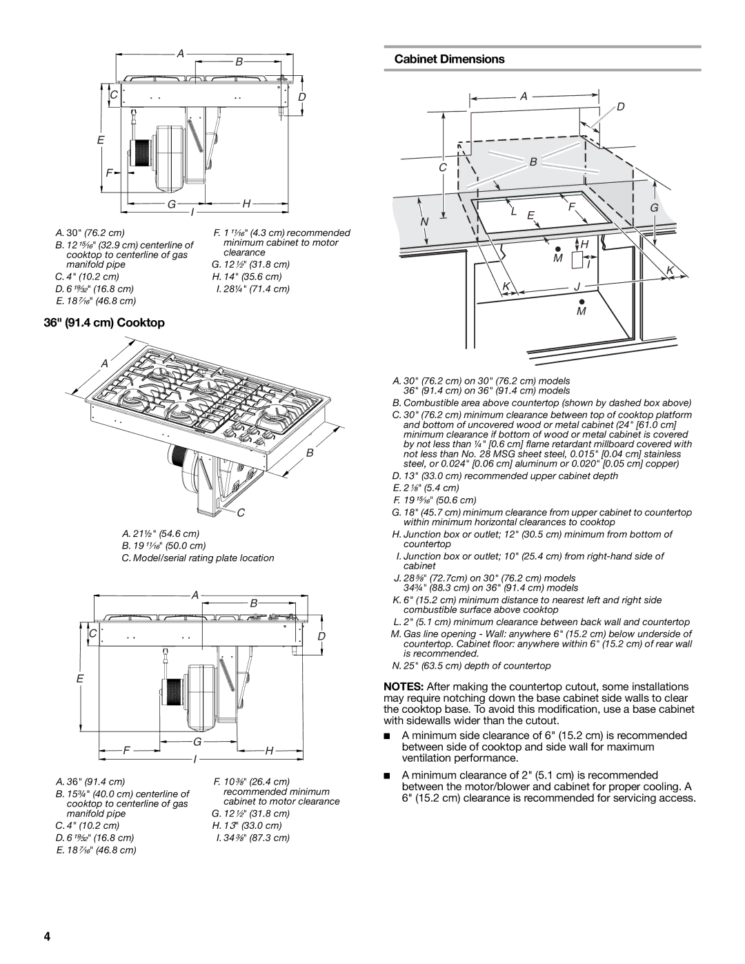 Jenn-Air W10197058B installation instructions Cabinet Dimensions, 36 91.4 cm Cooktop 