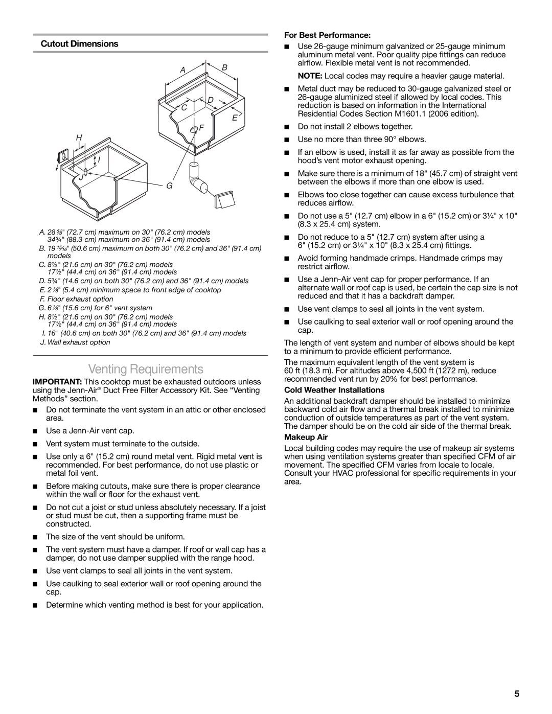 Jenn-Air W10197058B Venting Requirements, Cutout Dimensions, For Best Performance, Cold Weather Installations, Makeup Air 