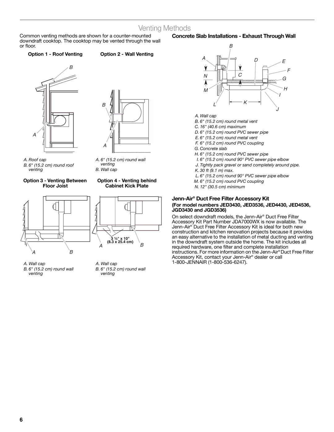 Jenn-Air W10197058B installation instructions Venting Methods, Concrete Slab Installations Exhaust Through Wall 