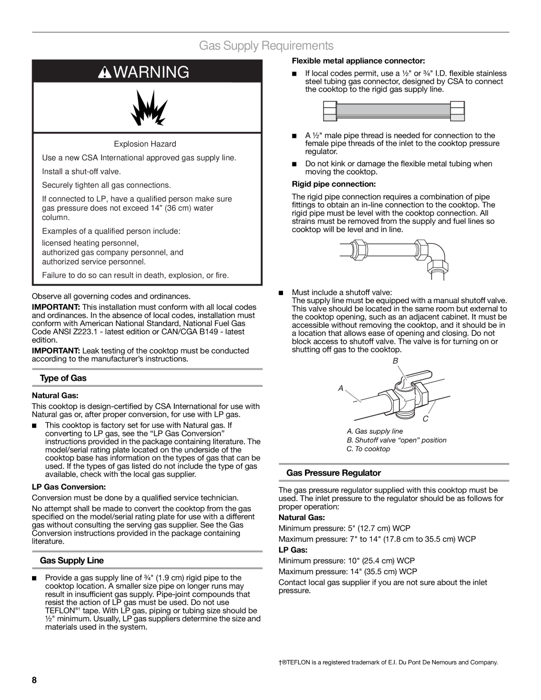 Jenn-Air W10197058B installation instructions Gas Supply Requirements, Type of Gas, Gas Supply Line, Gas Pressure Regulator 