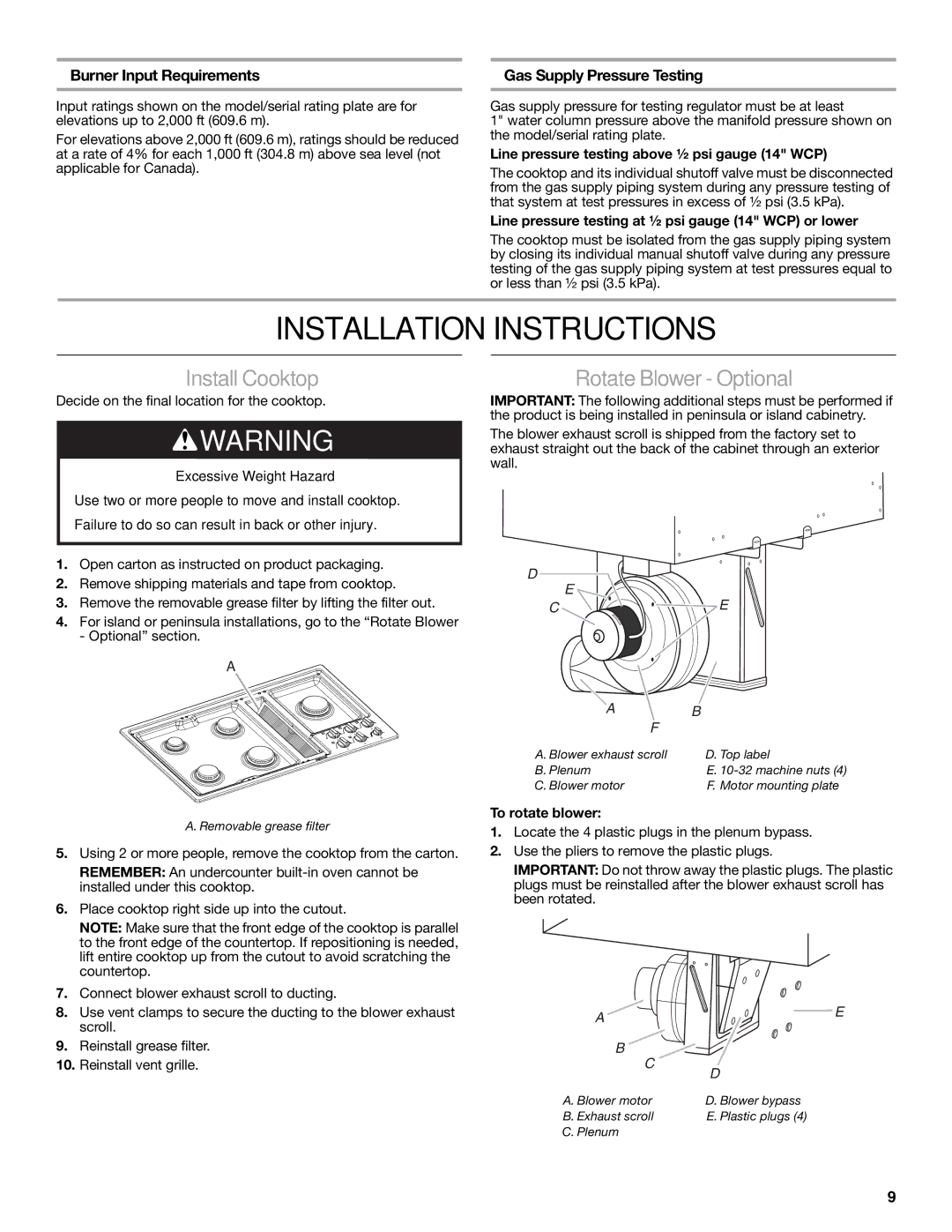 Jenn-Air W10197058B Installation Instructions, Install Cooktop, Rotate Blower Optional, Burner Input Requirements 