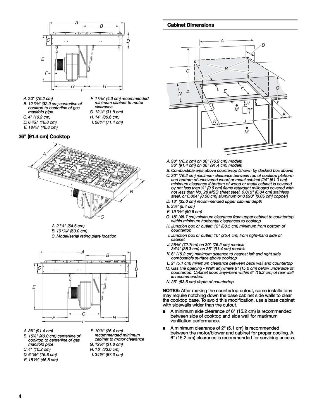 Jenn-Air W10197058B installation instructions Cabinet Dimensions, 36 91.4 cm Cooktop, A B Cd E F, A D C B, L E Fg N H M Ik 