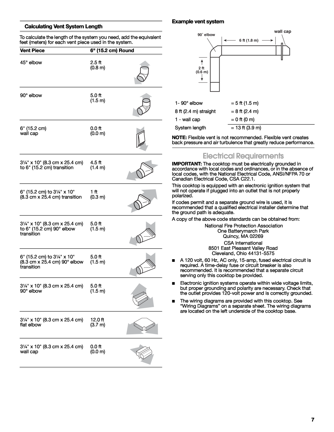Jenn-Air W10197058B Electrical Requirements, Calculating Vent System Length, Example vent system, Vent Piece 