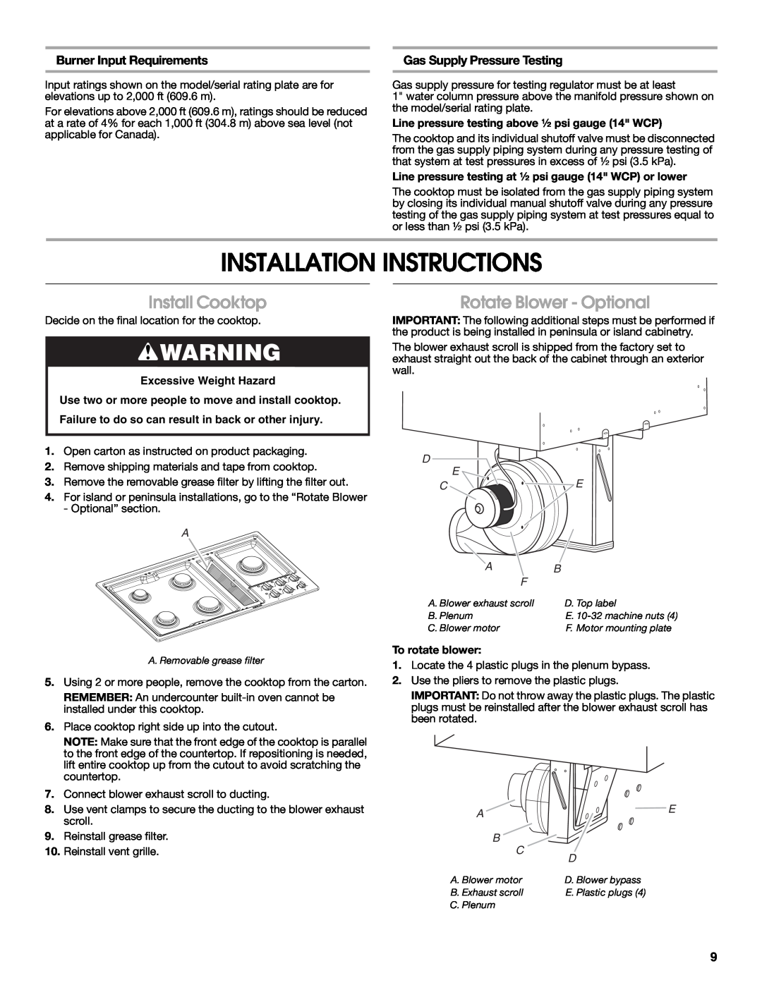 Jenn-Air W10197058B Installation Instructions, Install Cooktop, Rotate Blower - Optional, Burner Input Requirements 