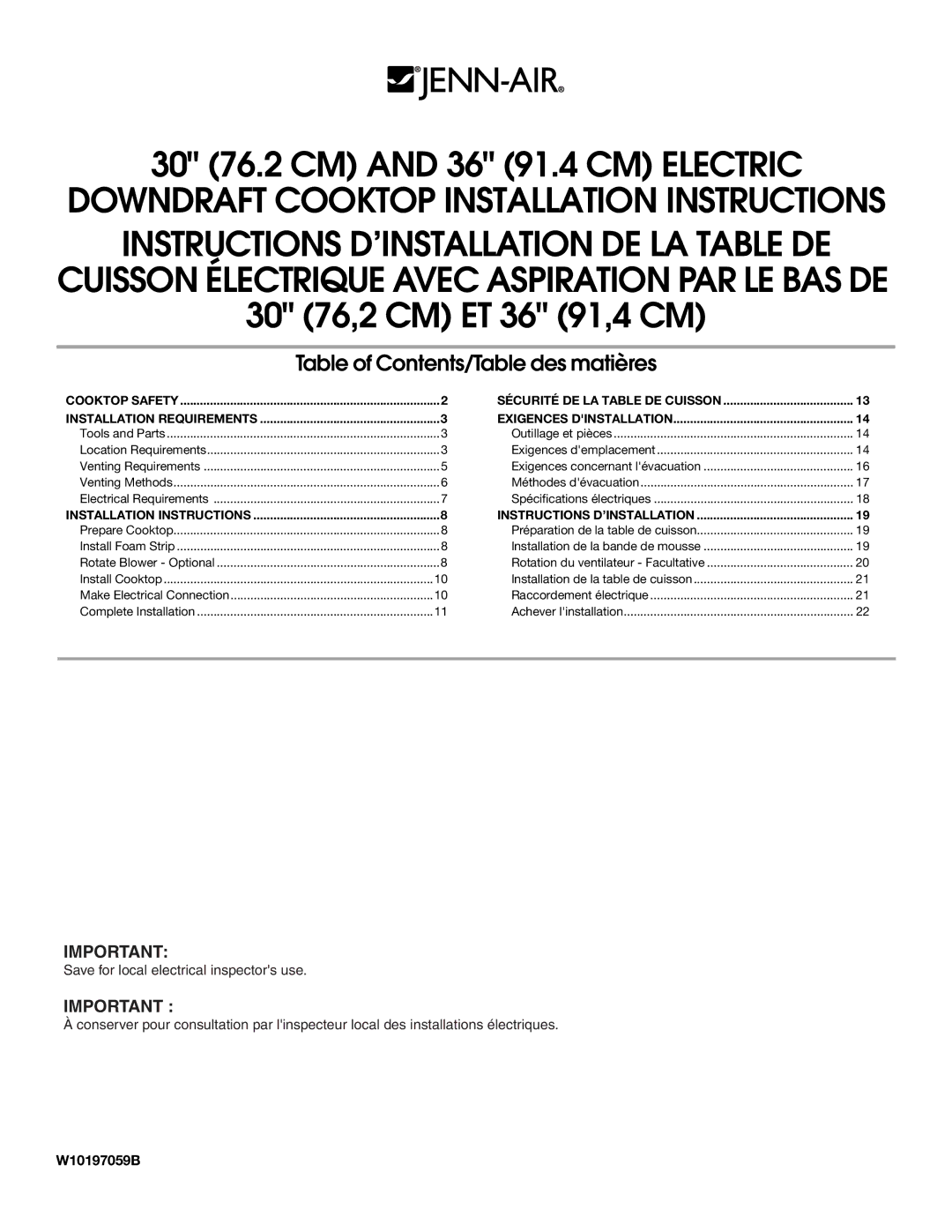 Jenn-Air W10197059B installation instructions 30 76.2 CM and 36 91.4 CM Electric 