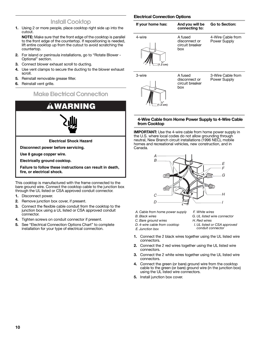 Jenn-Air W10197059B installation instructions Install Cooktop, Make Electrical Connection, Electrical Connection Options 