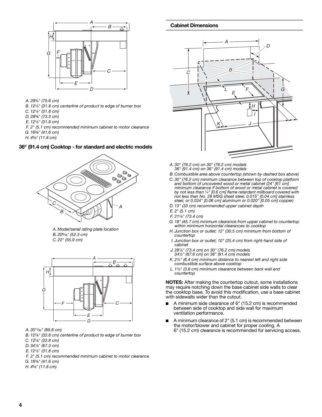 Jenn-Air W10197059B installation instructions 36 91.4 cm Cooktop for standard and electric models, Cabinet Dimensions 