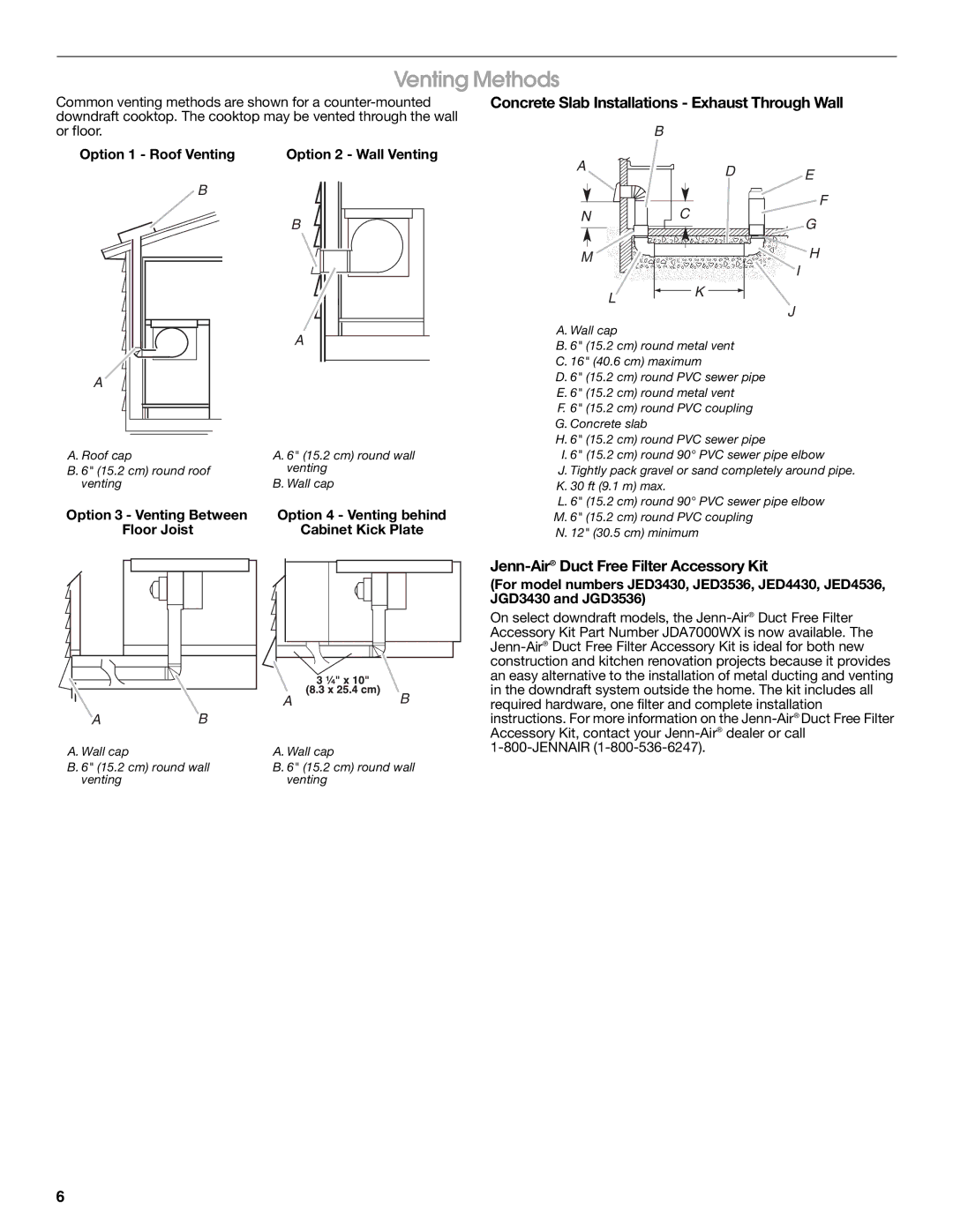 Jenn-Air W10197059B installation instructions Venting Methods, Concrete Slab Installations Exhaust Through Wall 