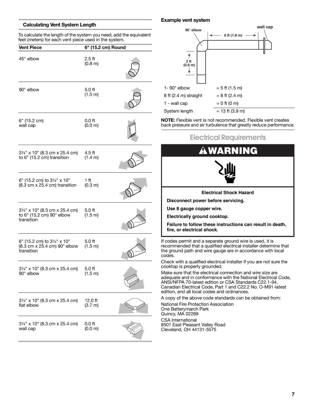 Jenn-Air W10197059B Electrical Requirements, Calculating Vent System Length, Example vent system, Vent Piece Cm Round 