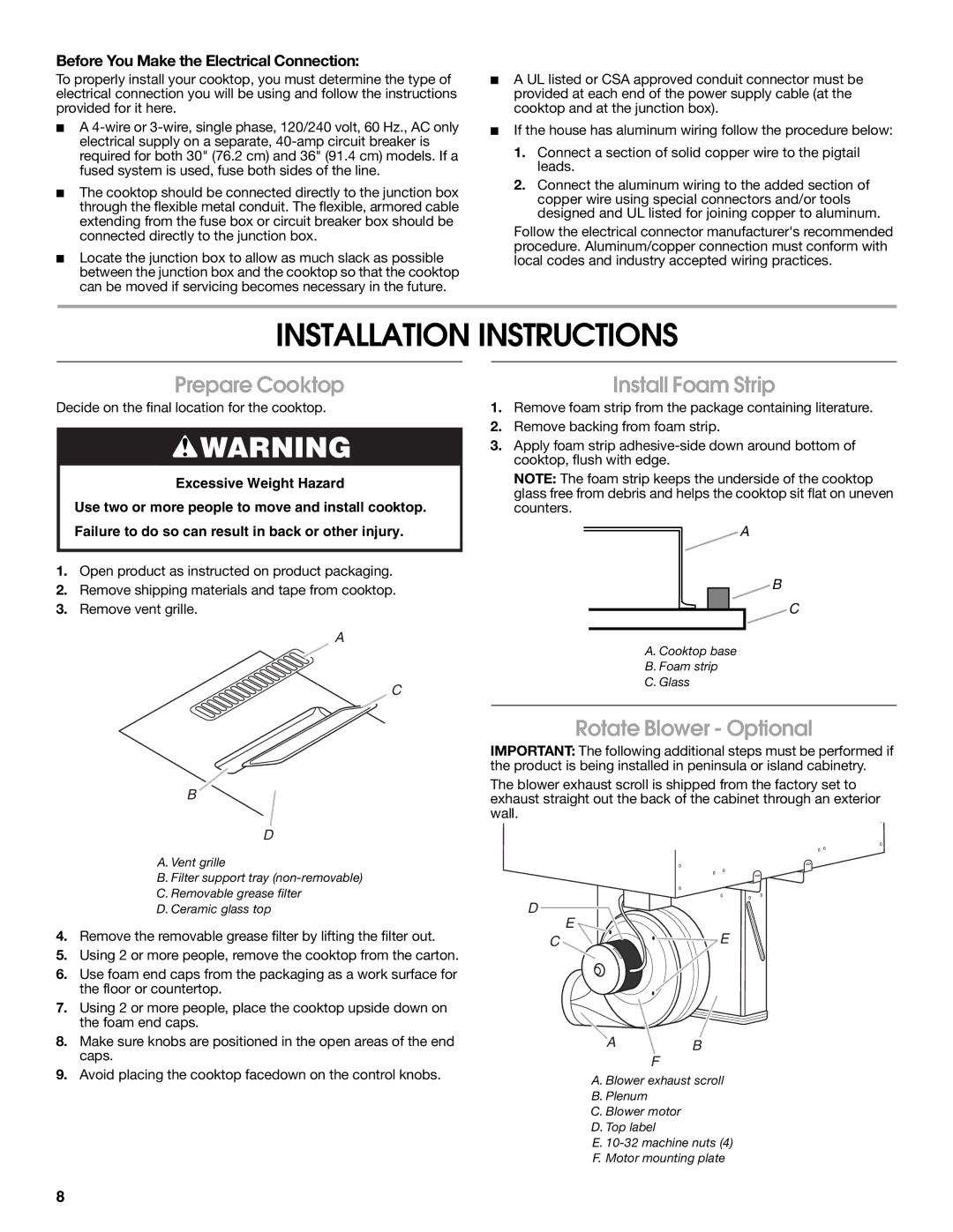 Jenn-Air W10197059B Installation Instructions, Prepare Cooktop, Install Foam Strip, Rotate Blower Optional 