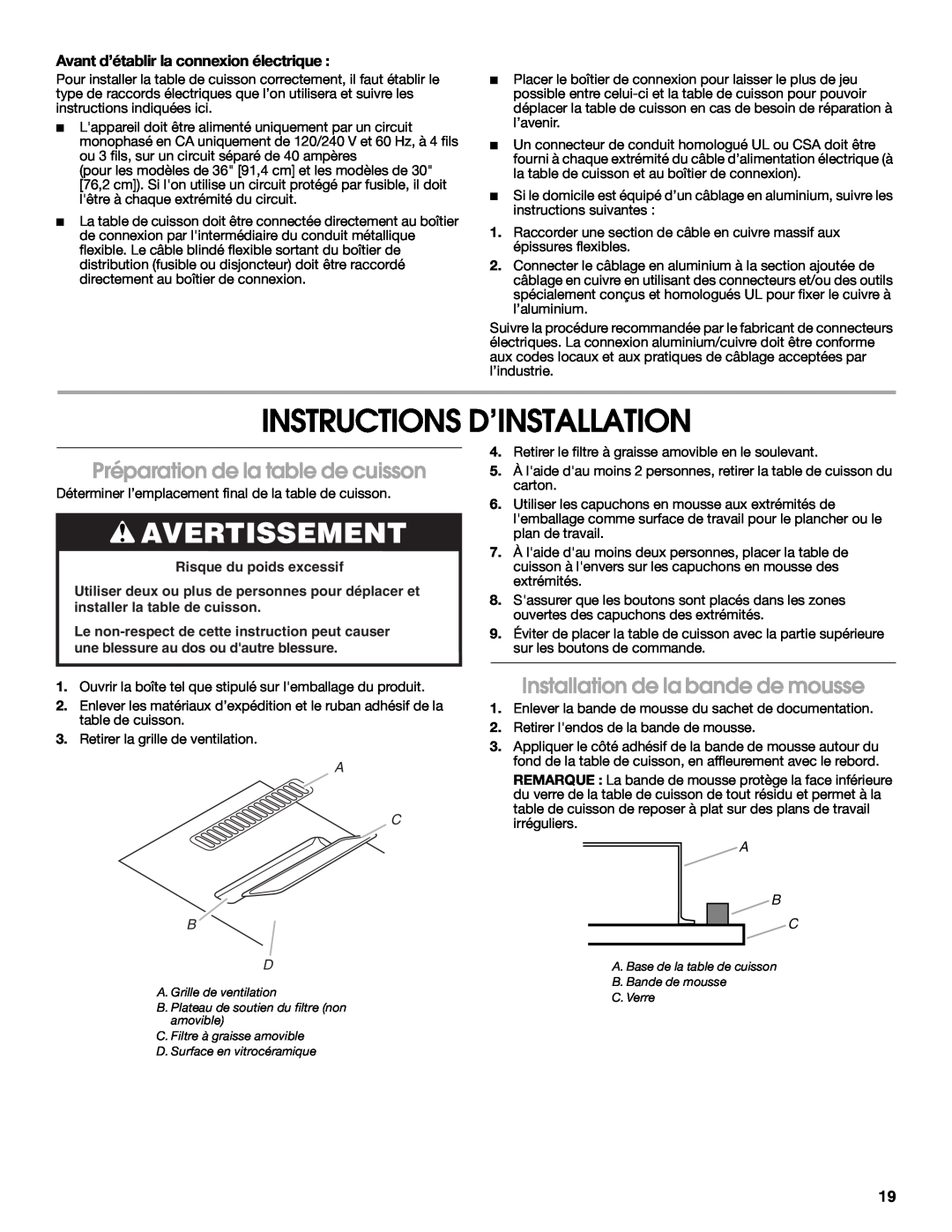 Jenn-Air W10197059B Instructions D’Installation, Préparation de la table de cuisson, Installation de la bande de mousse 