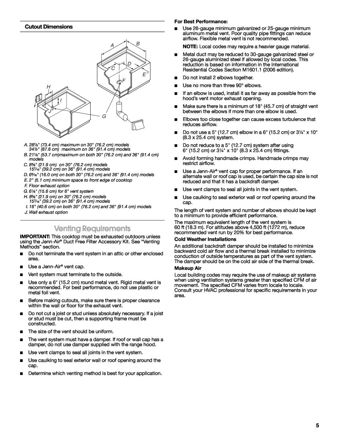 Jenn-Air W10197059B installation instructions Venting Requirements, Cutout Dimensions, A B D C E F H I J G 