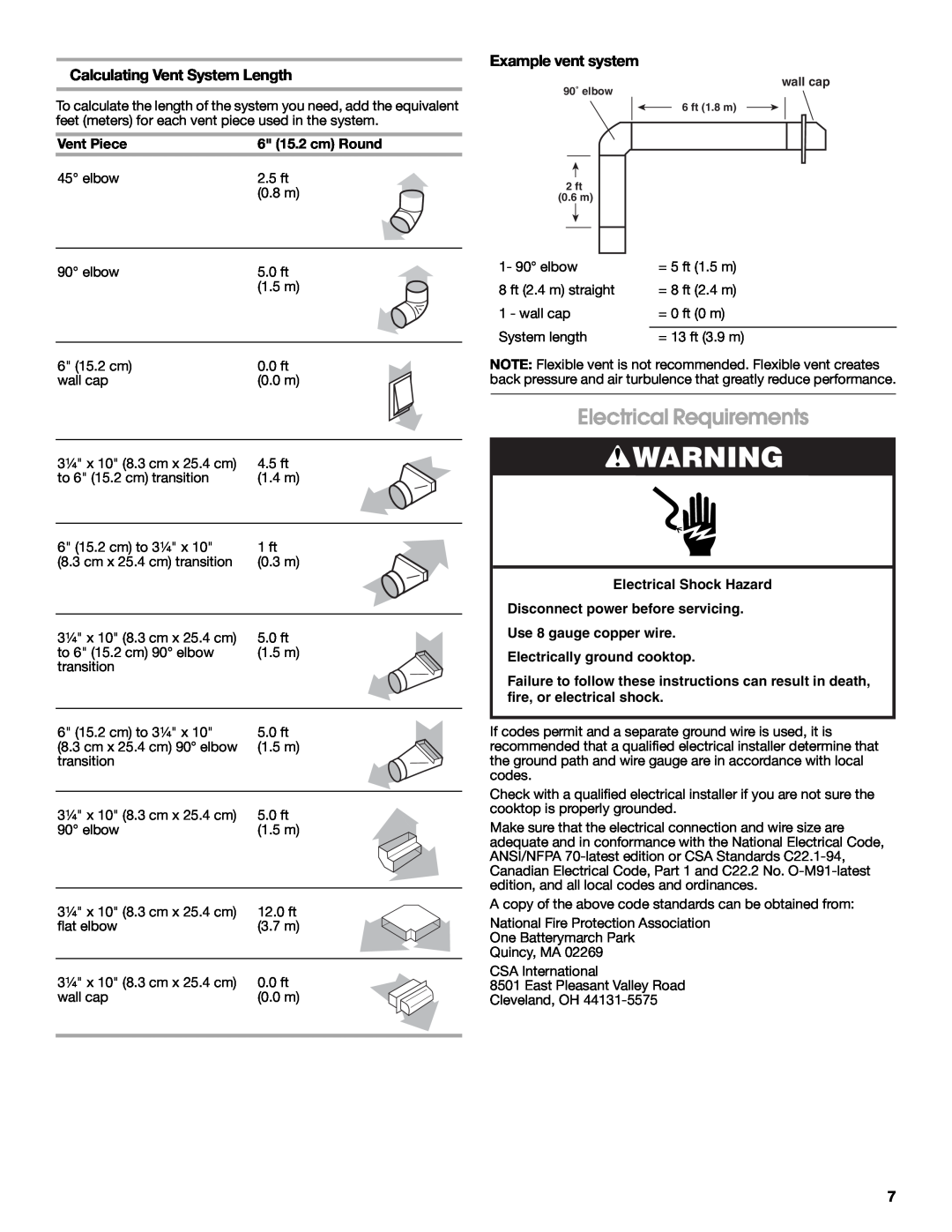 Jenn-Air W10197059B installation instructions Electrical Requirements, Calculating Vent System Length, Example vent system 