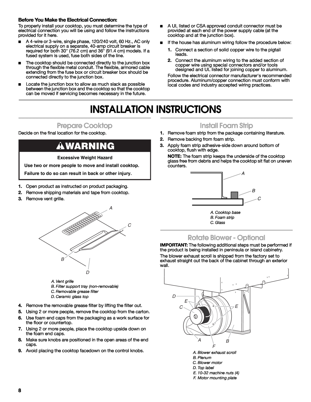 Jenn-Air W10197059B Installation Instructions, Prepare Cooktop, Install Foam Strip, Rotate Blower - Optional, A C B D 
