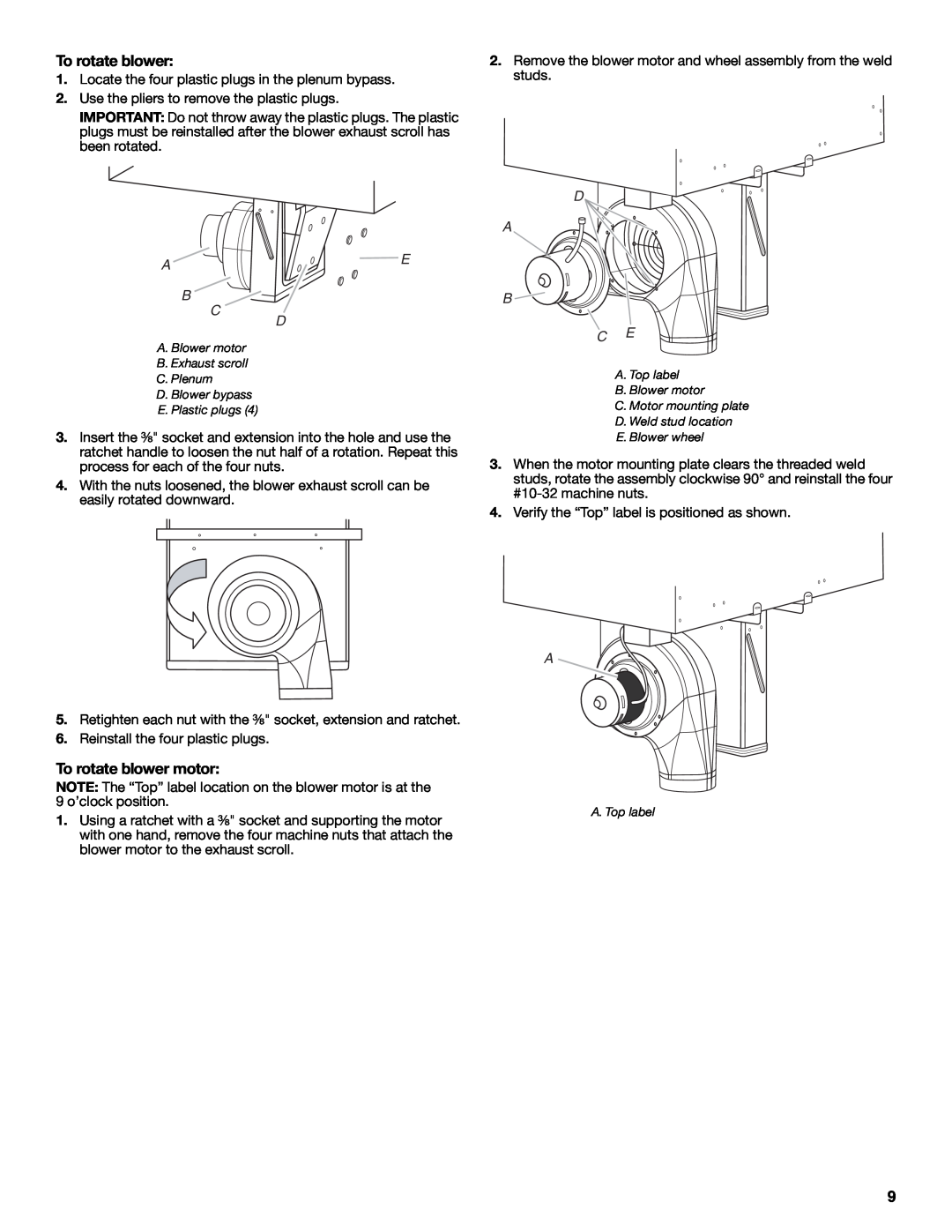 Jenn-Air W10197059B installation instructions To rotate blower motor, A E, D A B C E 