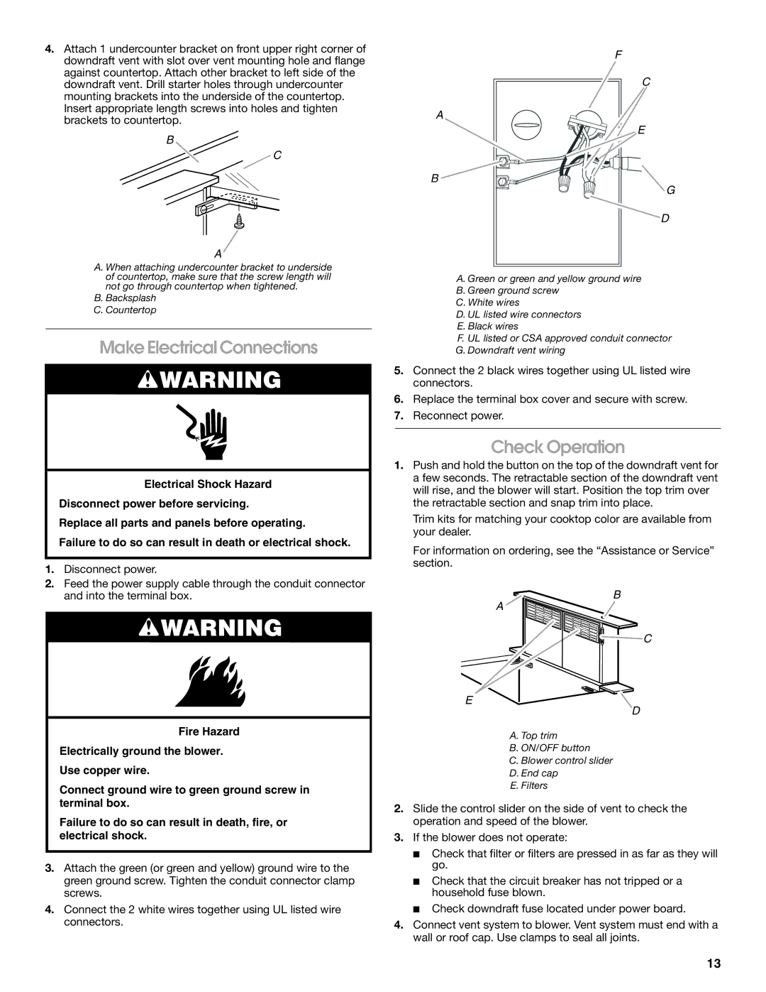 Jenn-Air W10201609B installation instructions Make Electrical Connections, Check Operation 