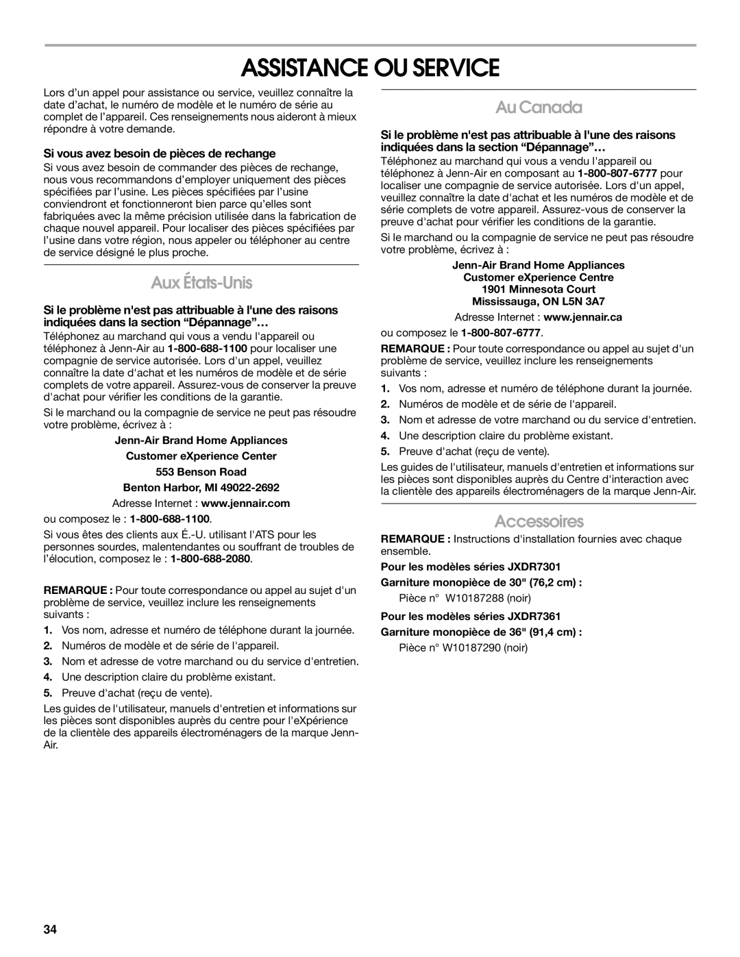 Jenn-Air W10201609B installation instructions Assistance OU Service, Aux États-Unis, Au Canada, Accessoires 