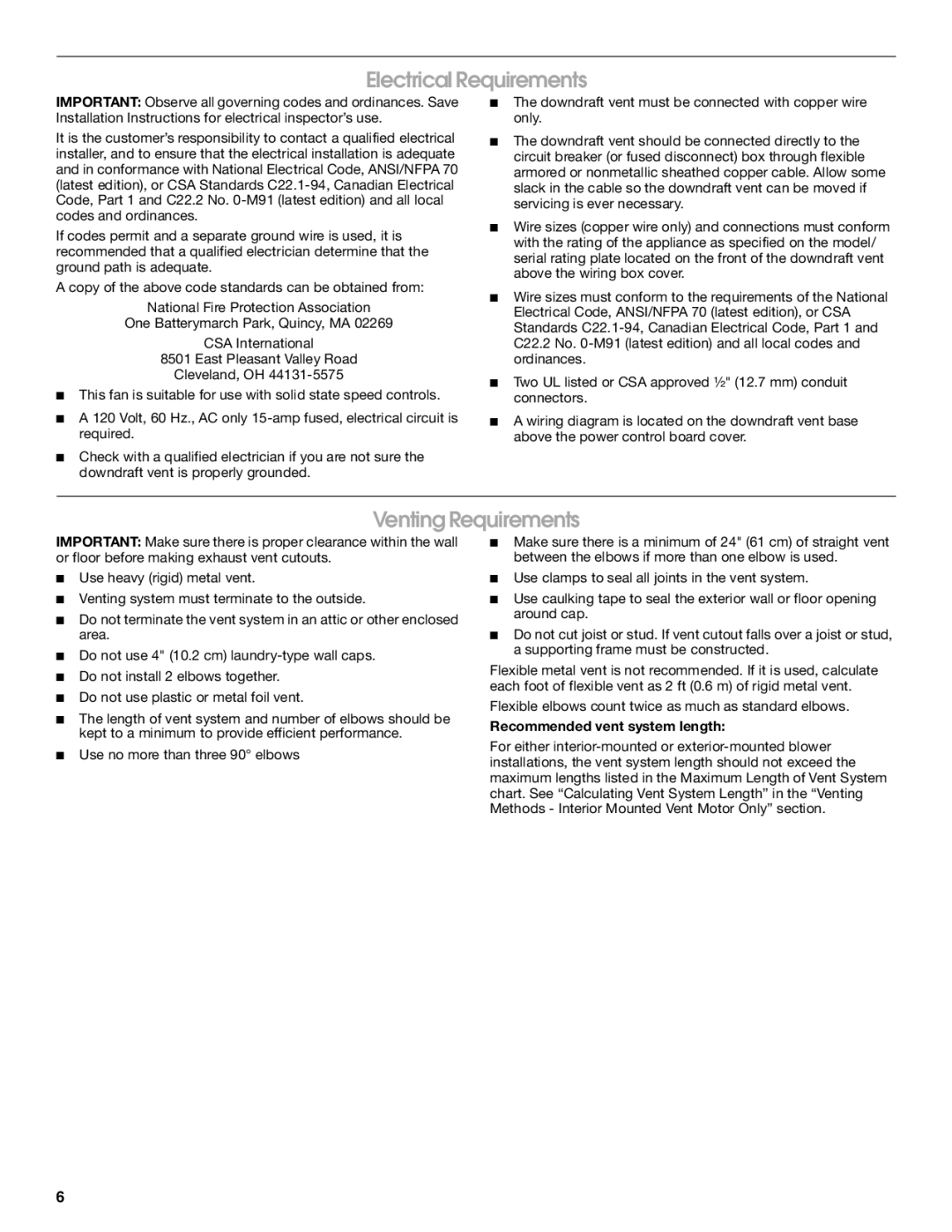 Jenn-Air W10201609B installation instructions Electrical Requirements, Venting Requirements, Recommended vent system length 