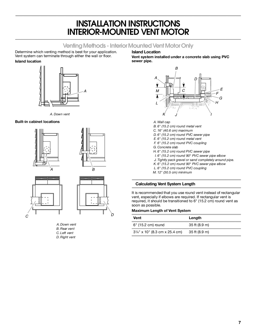 Jenn-Air W10201609B Installation Instructions INTERIOR-MOUNTED Vent Motor, Island Location, Calculating Vent System Length 