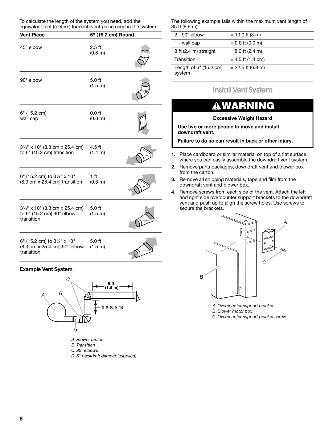 Jenn-Air W10201609B installation instructions Install Vent System, Example Vent System, Vent Piece Cm Round 