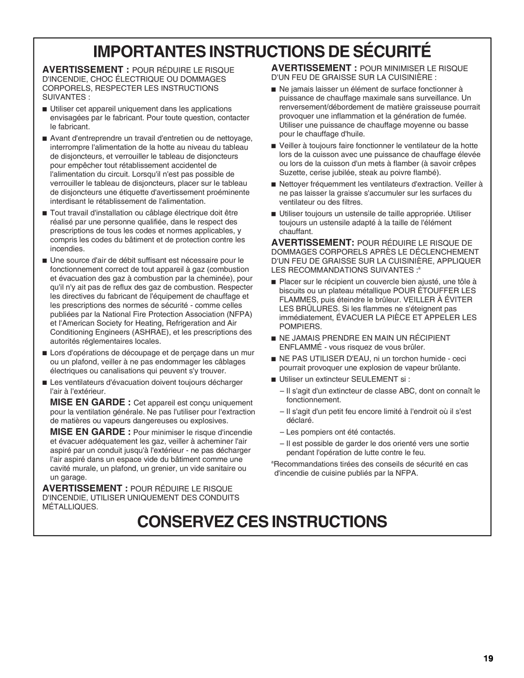 Jenn-Air W10201609B installation instructions Importantes Instructions De Sécurité, Conservez Ces Instructions 