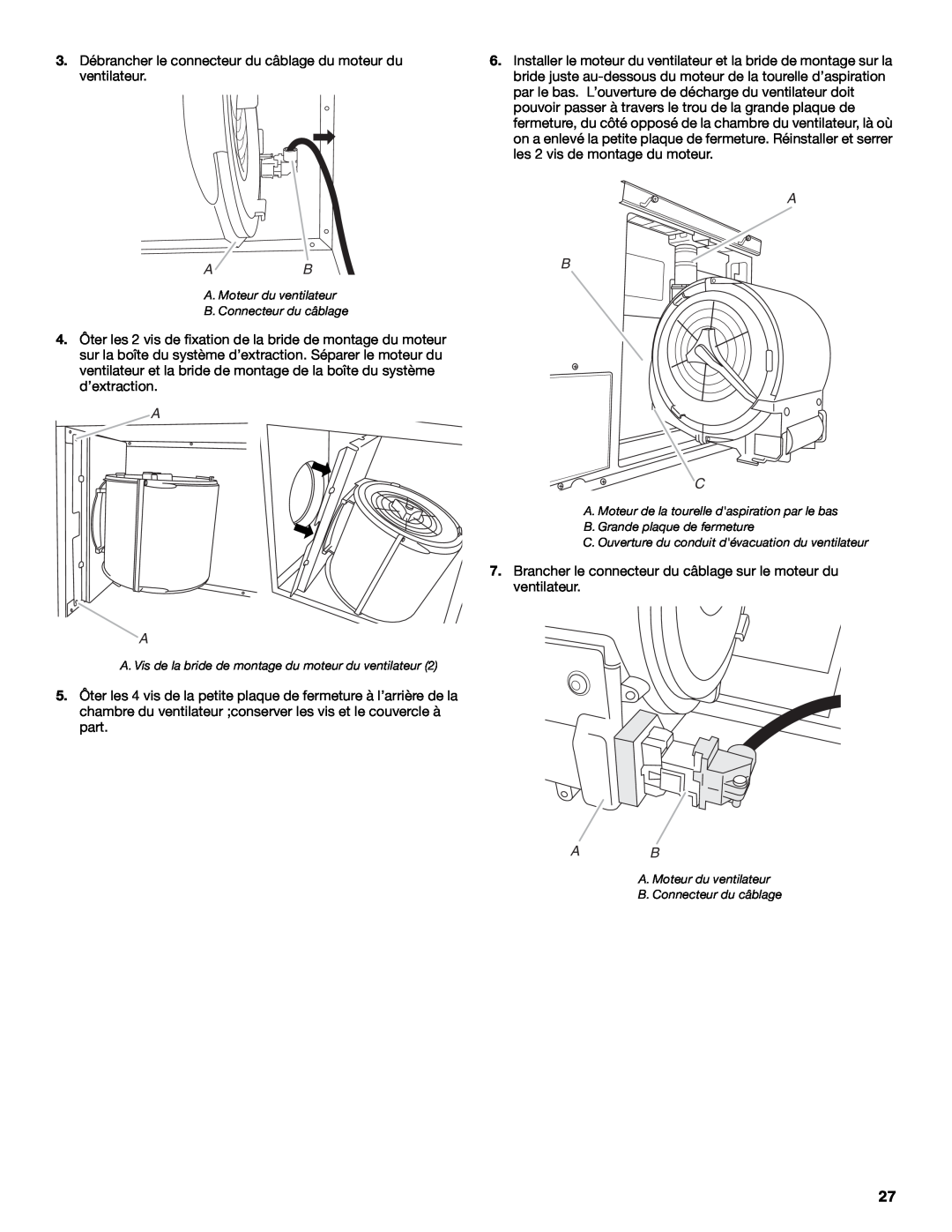 Jenn-Air W10201609B installation instructions 3. Débrancher le connecteur du câblage du moteur du ventilateur, A B C 