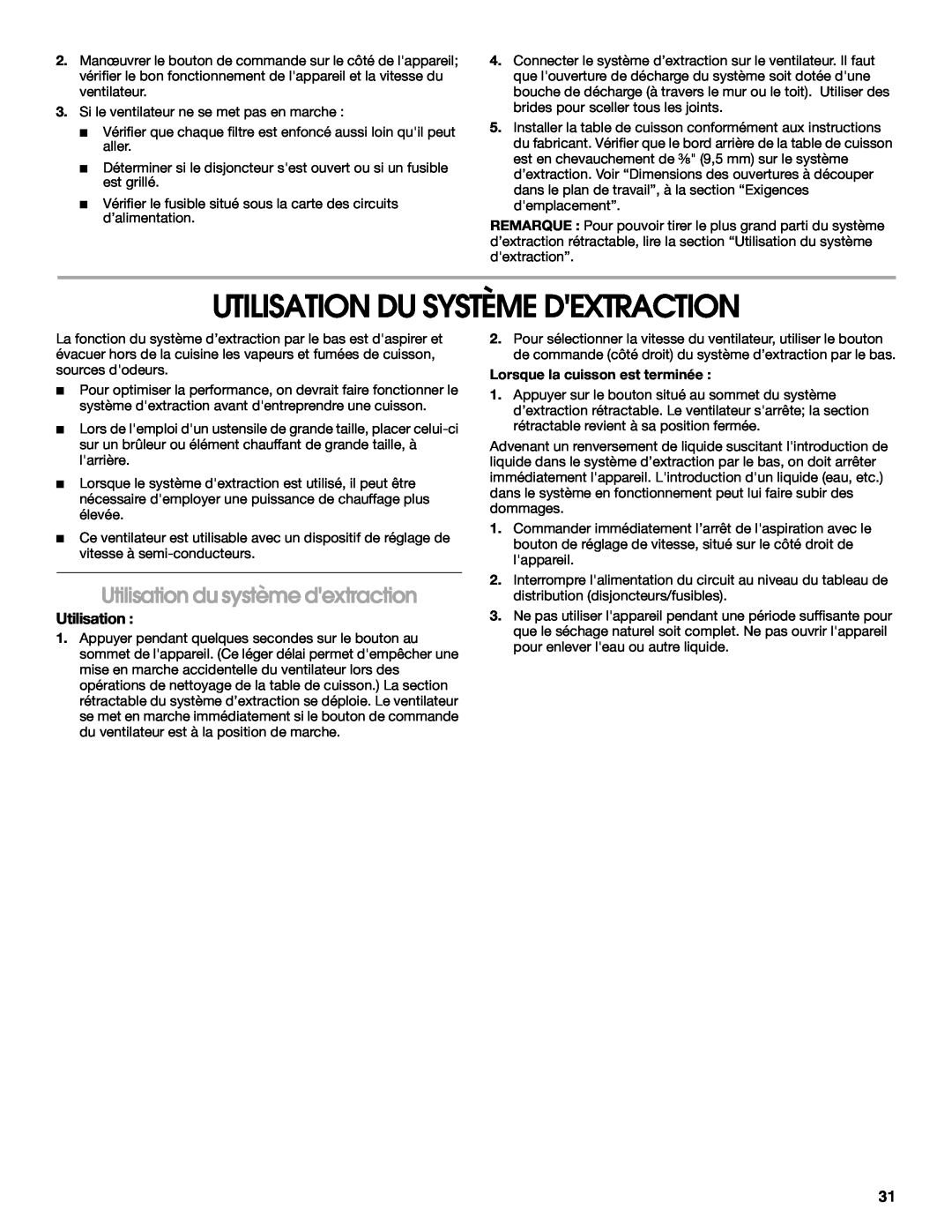 Jenn-Air W10201609B installation instructions Utilisation Du Système Dextraction, Utilisation du système dextraction 