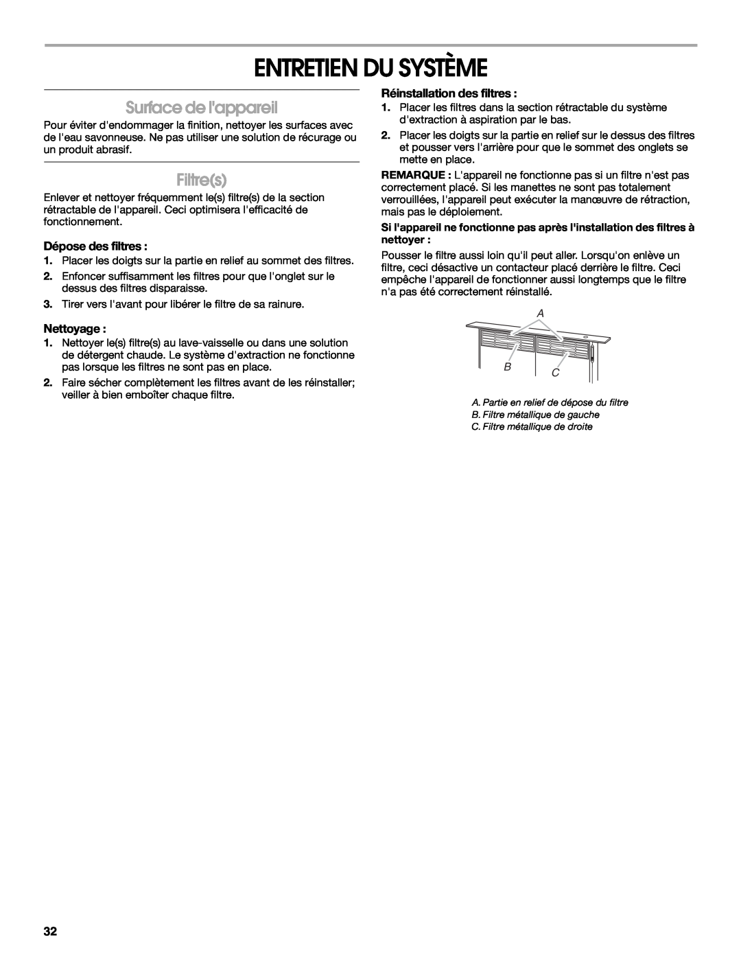 Jenn-Air W10201609B installation instructions Entretien Du Système, Surface de lappareil, Filtres, A B C 