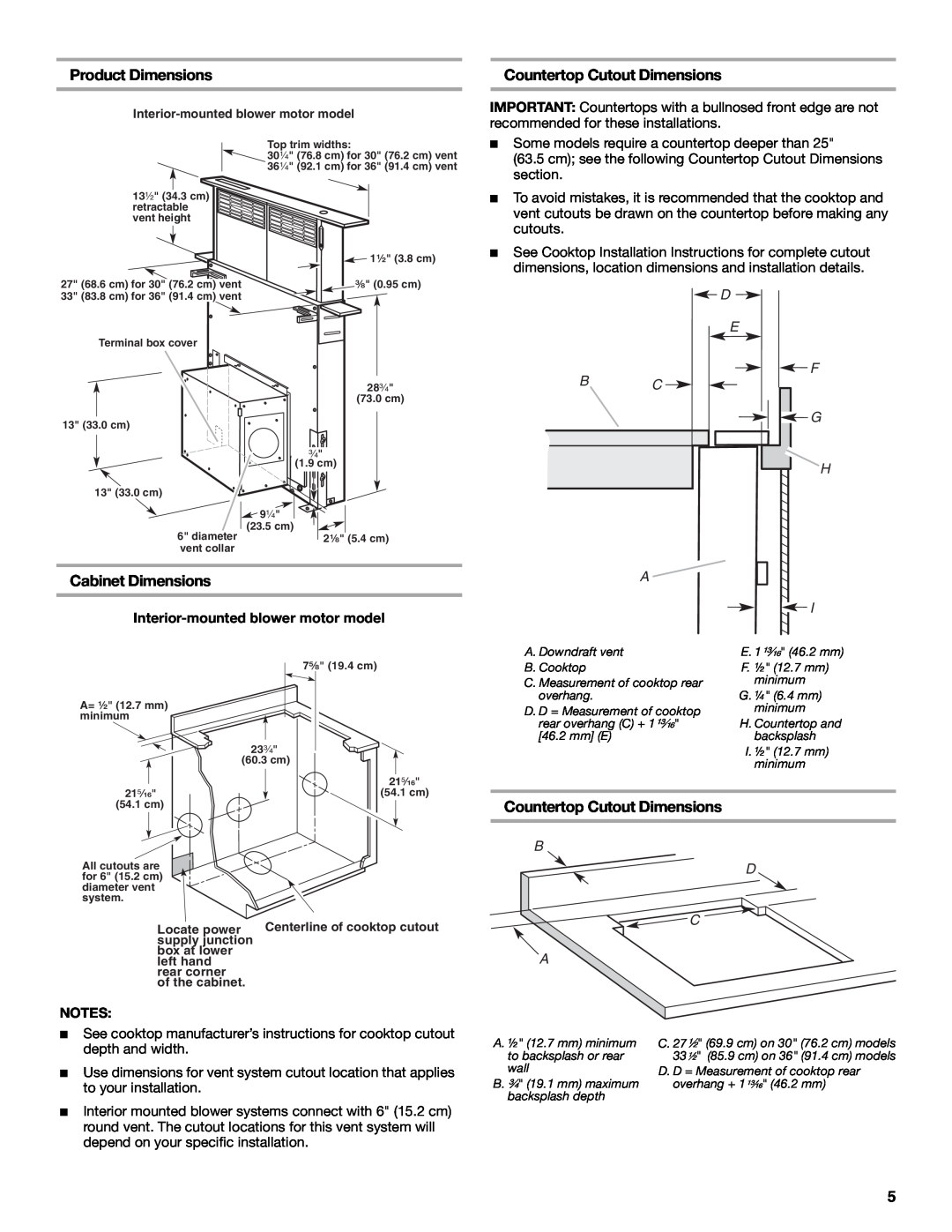 Jenn-Air W10201609B installation instructions Interior-mounted blower motor model, D E F B C G H A I, B D C A 