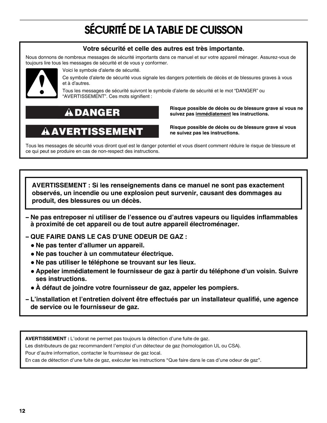 Jenn-Air W10204447A manual Sécurité De La Table De Cuisson, Danger Avertissement 