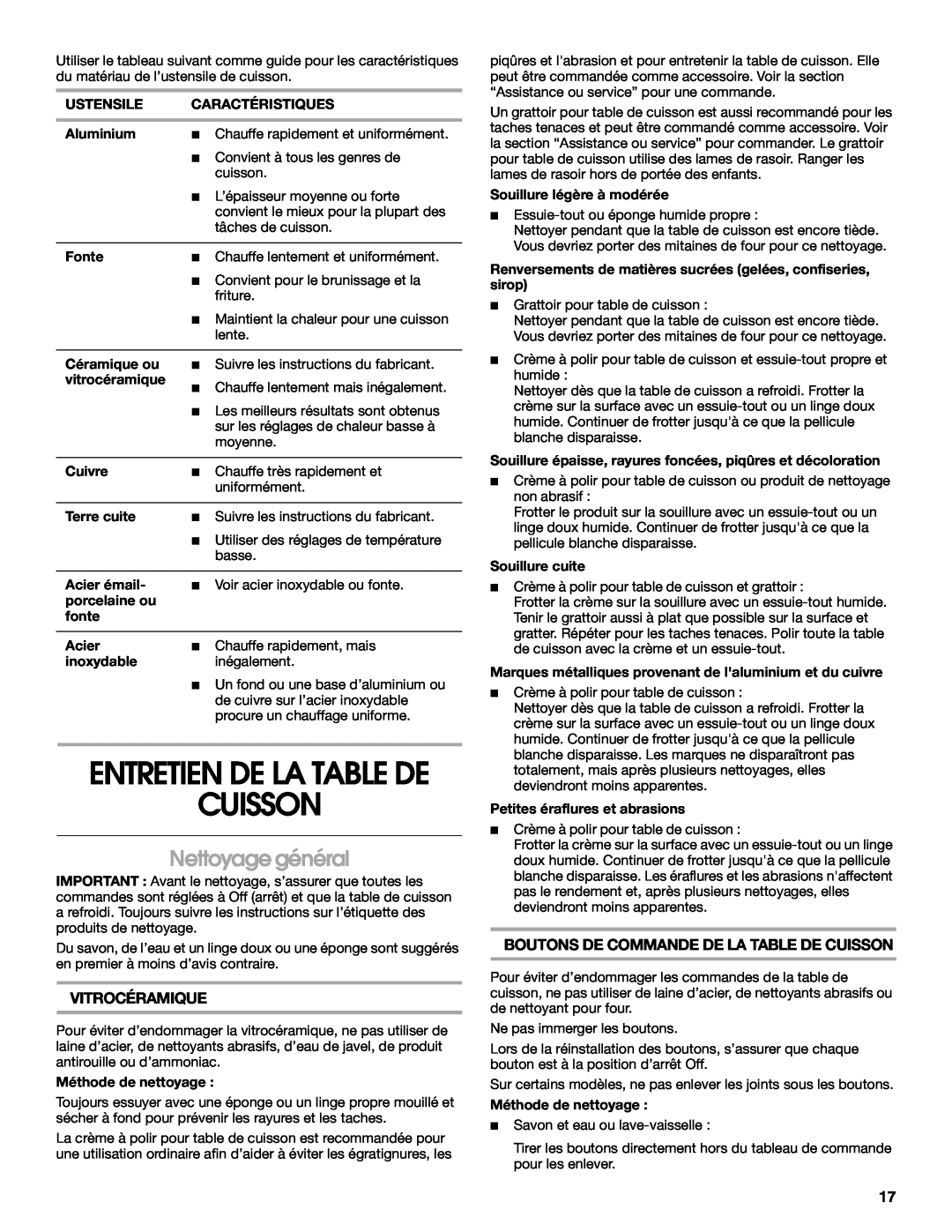Jenn-Air W10204447A manual Cuisson, Nettoyage général, Entretien De La Table De, Vitrocéramique 