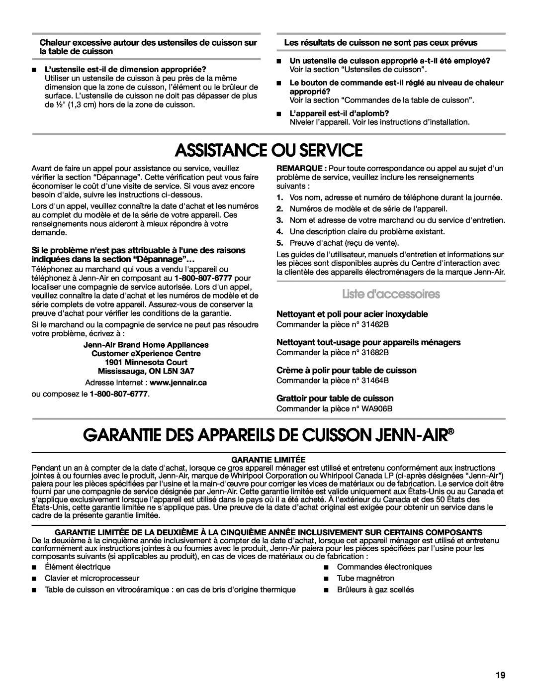 Jenn-Air W10204447A manual Assistance Ou Service, Garantie Des Appareils De Cuisson Jenn-Air, Liste daccessoires 
