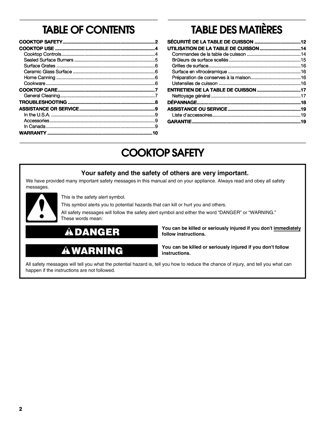Jenn-Air W10204447A manual Cooktop Safety, Danger, Table Of Contents, Table Des Matières 