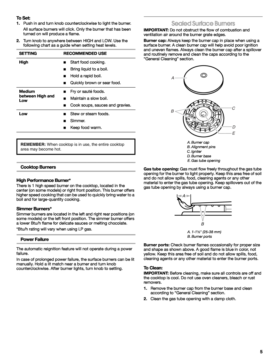 Jenn-Air W10204447A Sealed Surface Burners, To Set, Cooktop Burners High Performance Burner, Simmer Burners, Power Failure 