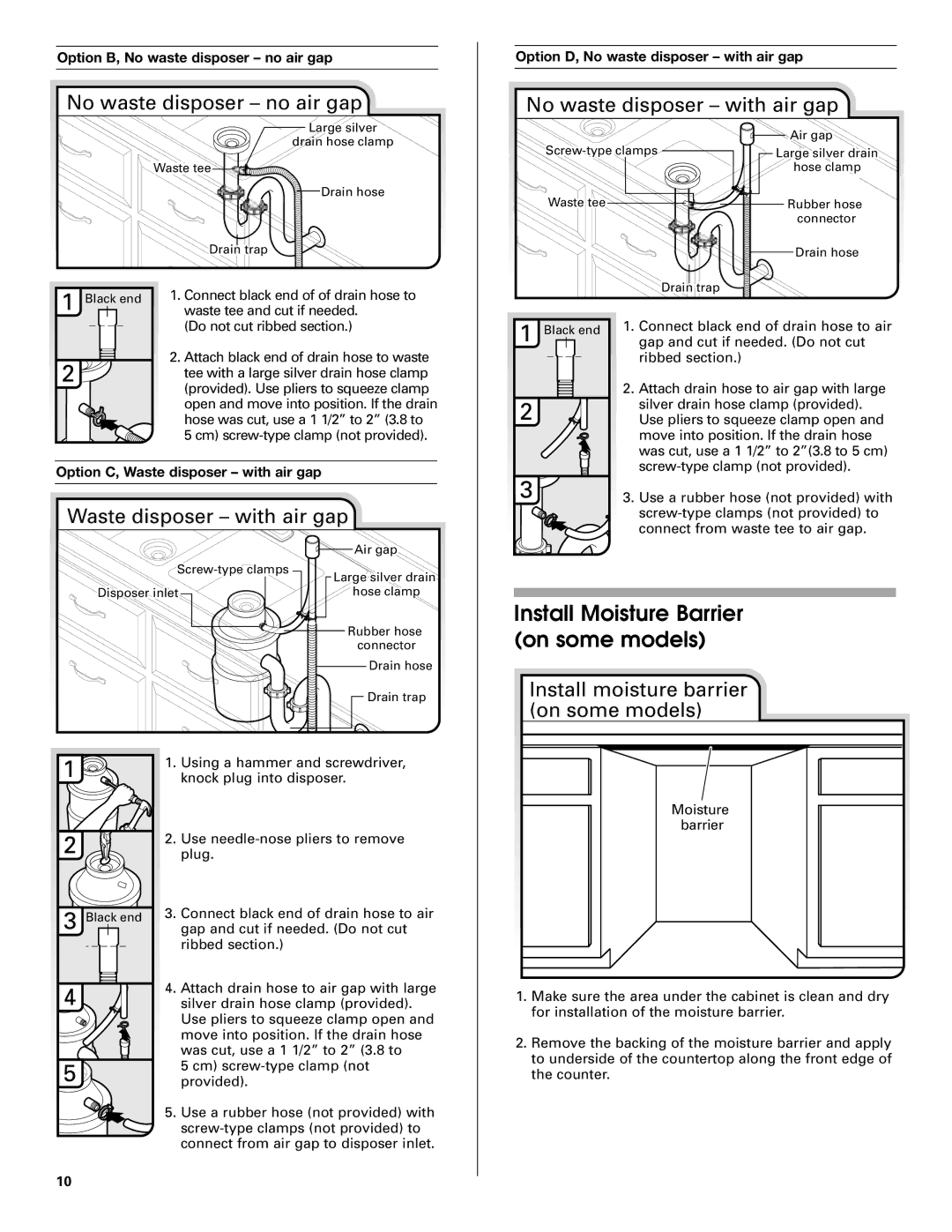 Jenn-Air W10208727A Install Moisture Barrier on some models, No waste disposer no air gap, Waste disposer with air gap 