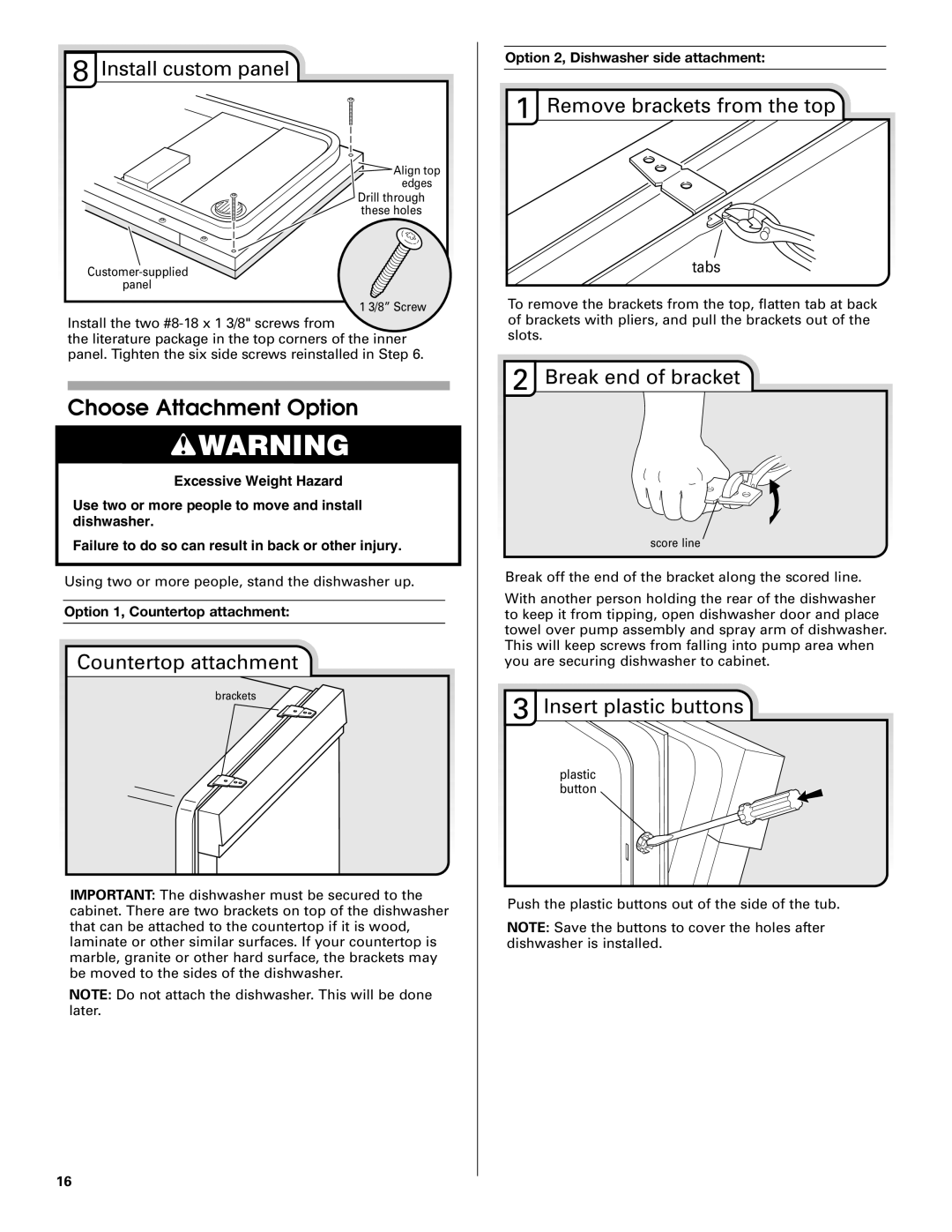 Jenn-Air W10208727A Choose Attachment Option, Countertop attachment, Remove brackets from the top, Break end of bracket 