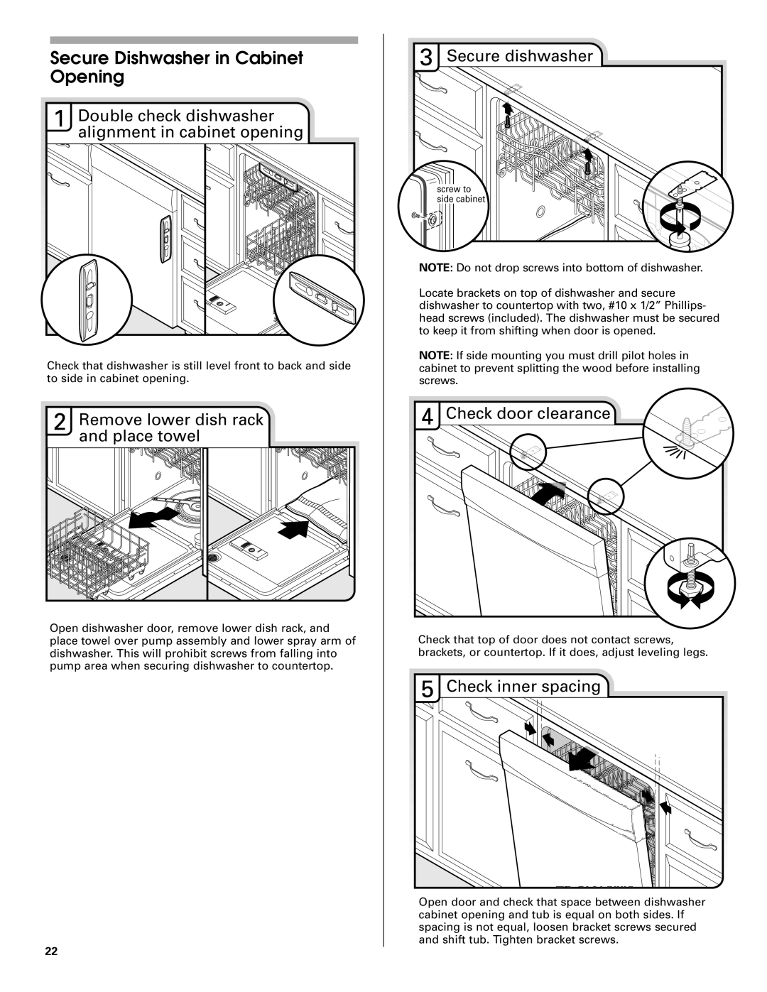 Jenn-Air W10208727A installation instructions Secure Dishwasher in Cabinet Opening 