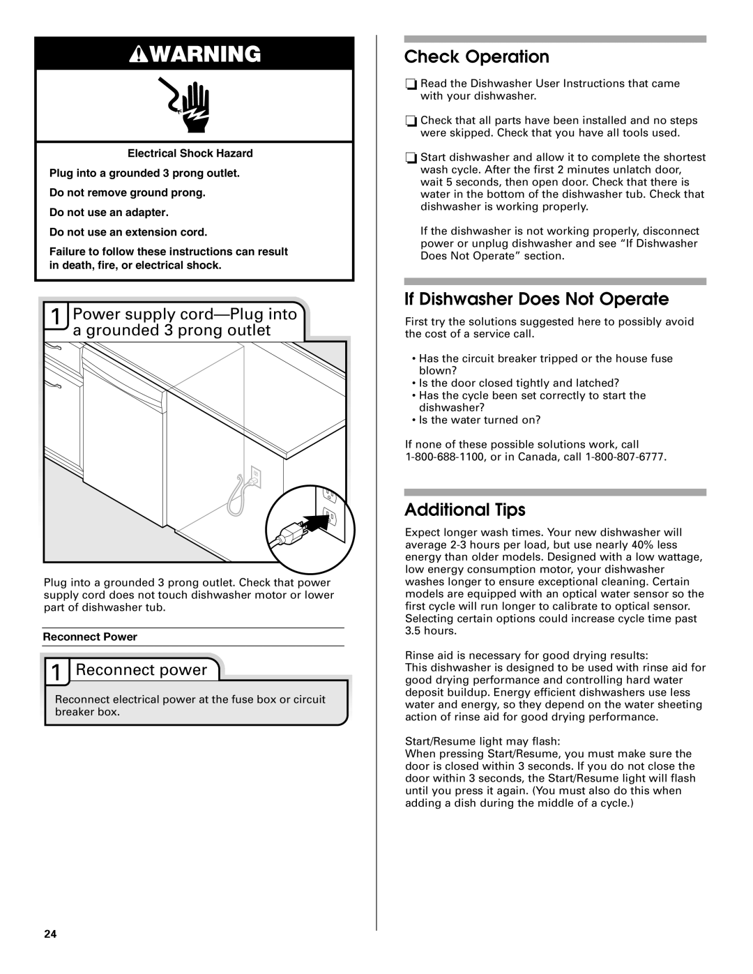 Jenn-Air W10208727A Check Operation, If Dishwasher Does Not Operate, Additional Tips, Reconnect power 