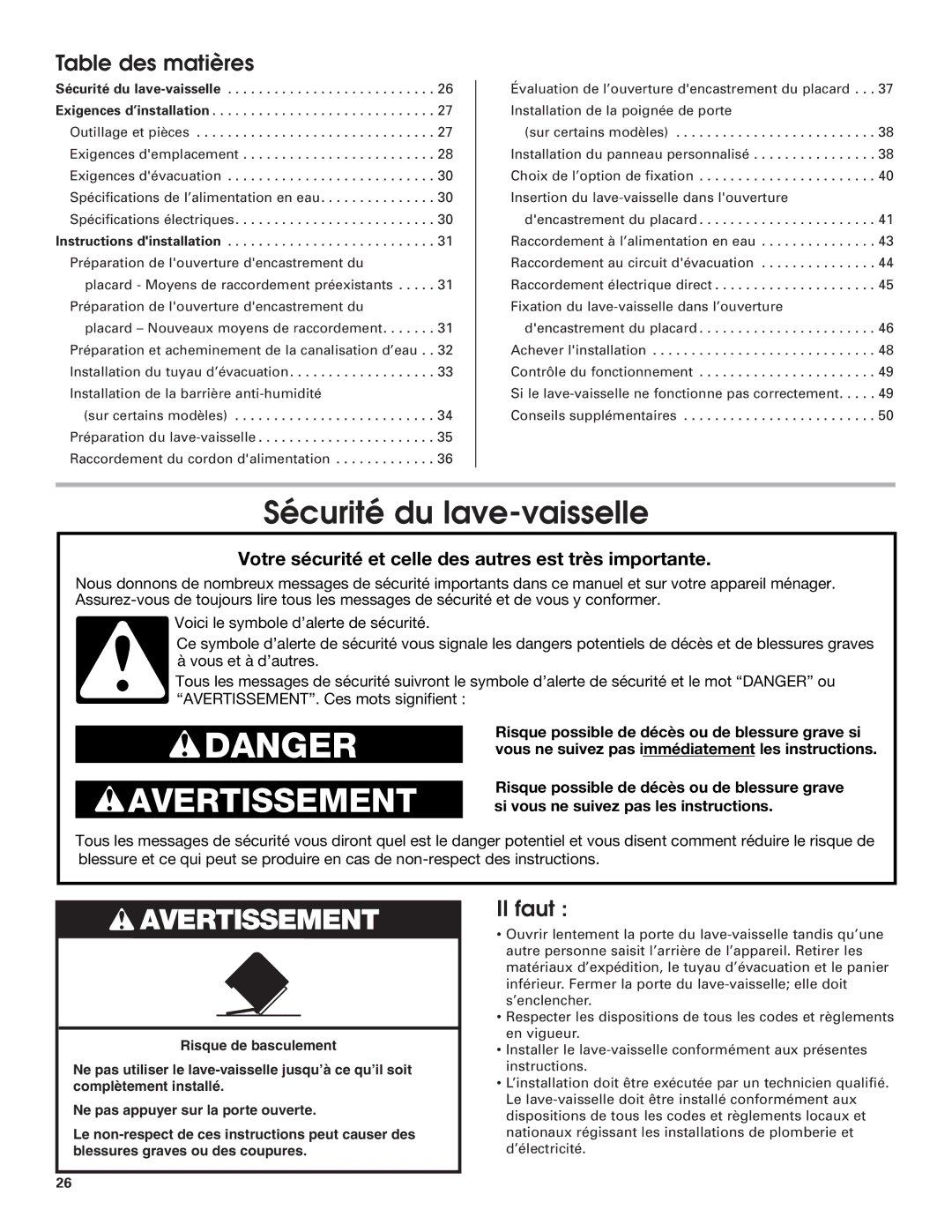 Jenn-Air W10208727A installation instructions Table des matières, Il faut 