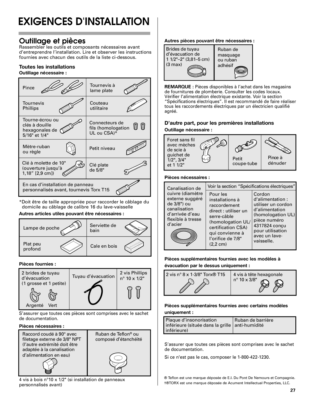 Jenn-Air W10208727A installation instructions Outillage et pièces 