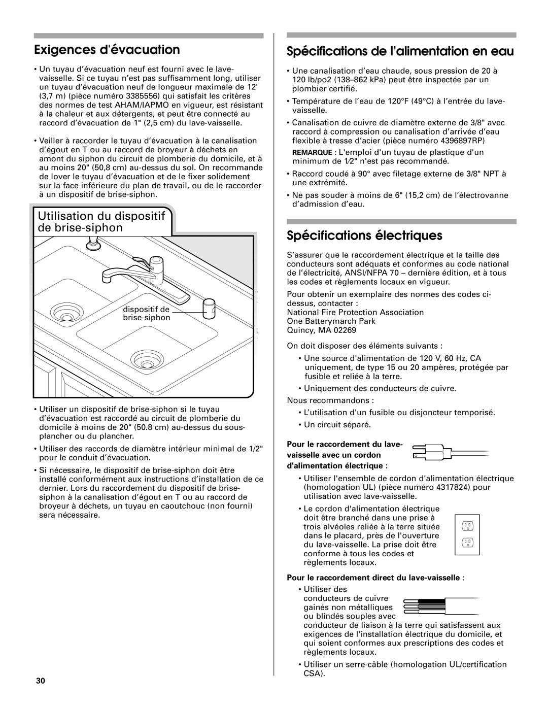 Jenn-Air W10208727A Exigences dévacuation, Spécifications de l’alimentation en eau, Spécifications électriques 