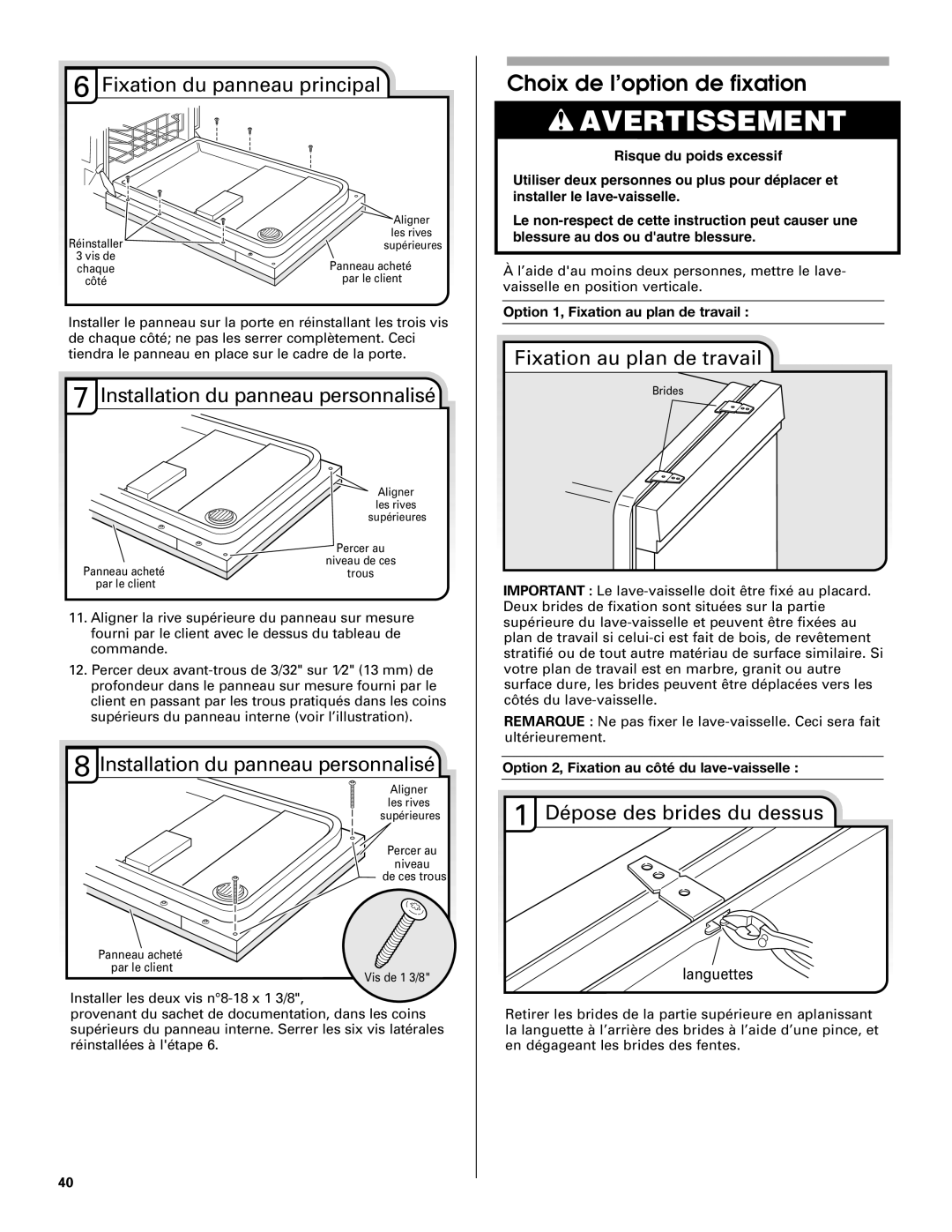 Jenn-Air W10208727A Choix de l’option de fixation, Fixation du panneau principal, Installation du panneau personnalisé 