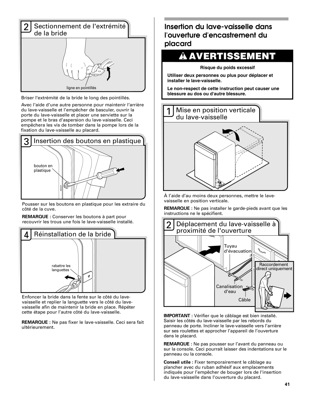 Jenn-Air W10208727A installation instructions Sectionnement de lextrémité de la bride, Insertion des boutons en plastique 