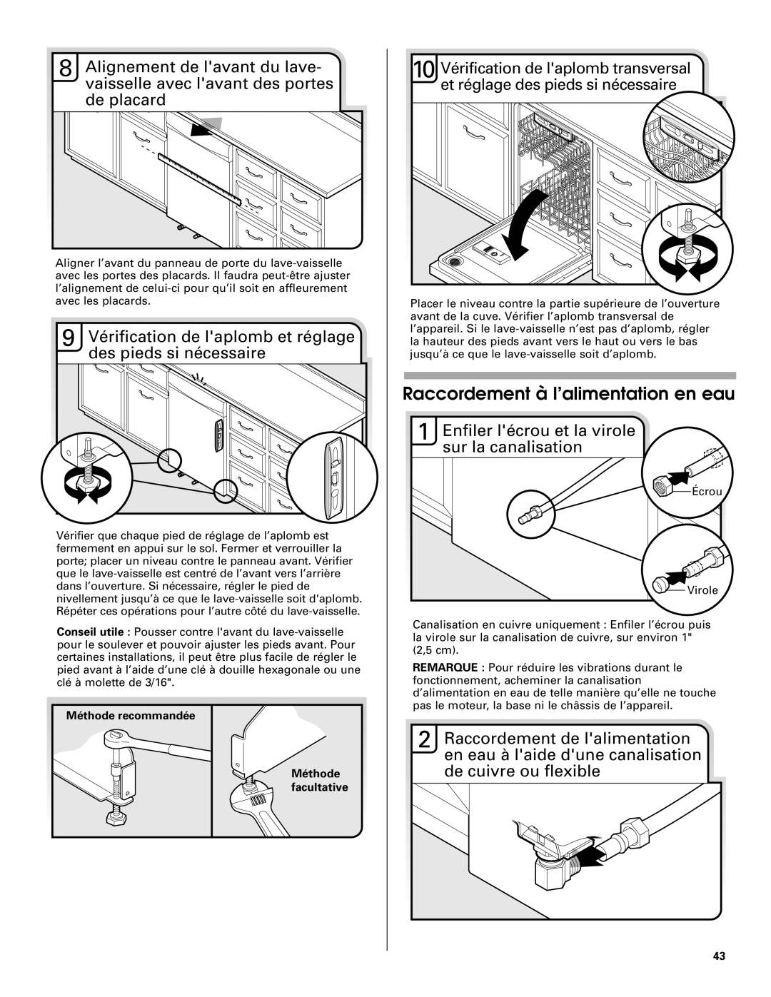 Jenn-Air W10208727A Raccordement à l’alimentation en eau, Vérification de laplomb et réglage des pieds si nécessaire 